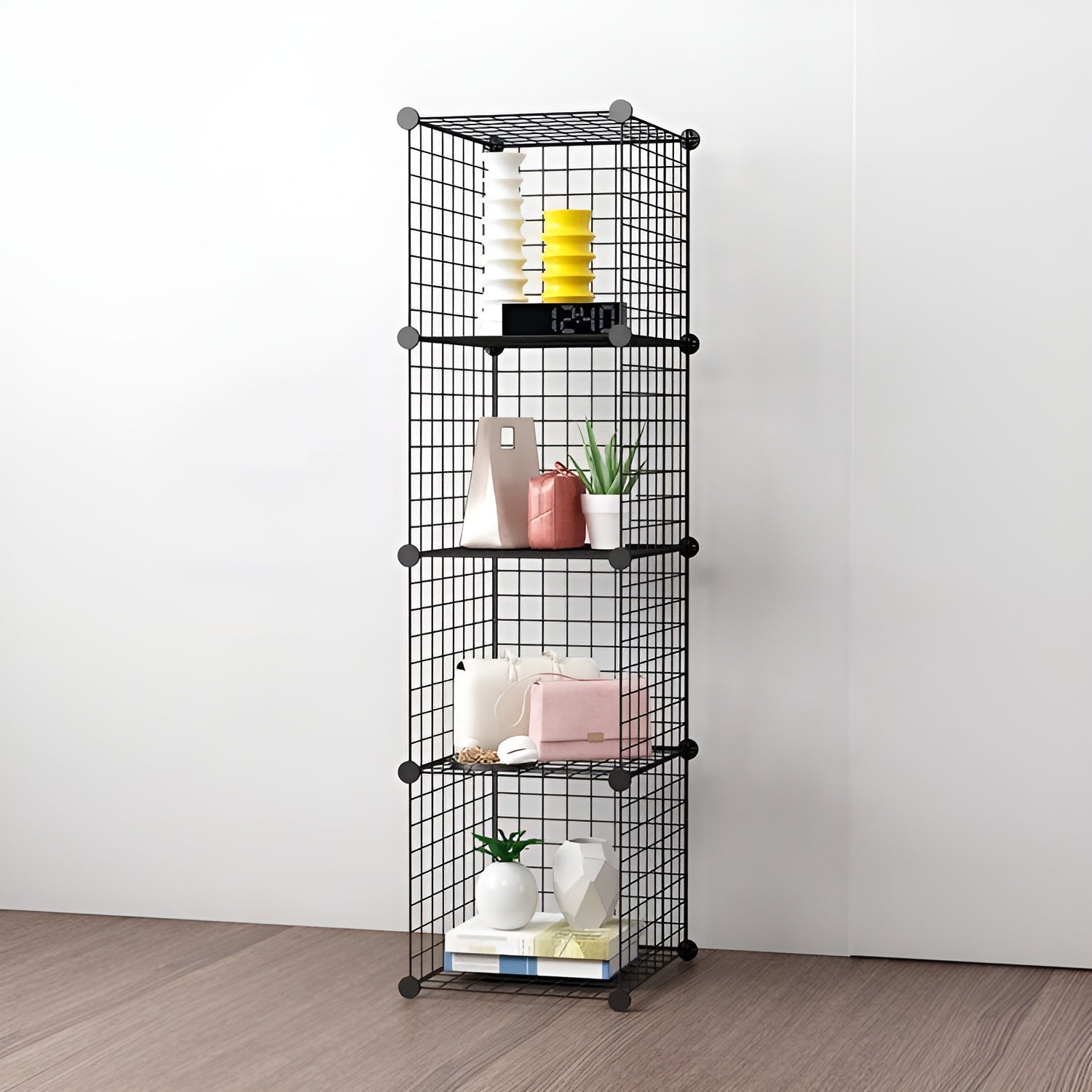 4 cube collapsible wardrobe with iron rods__Black