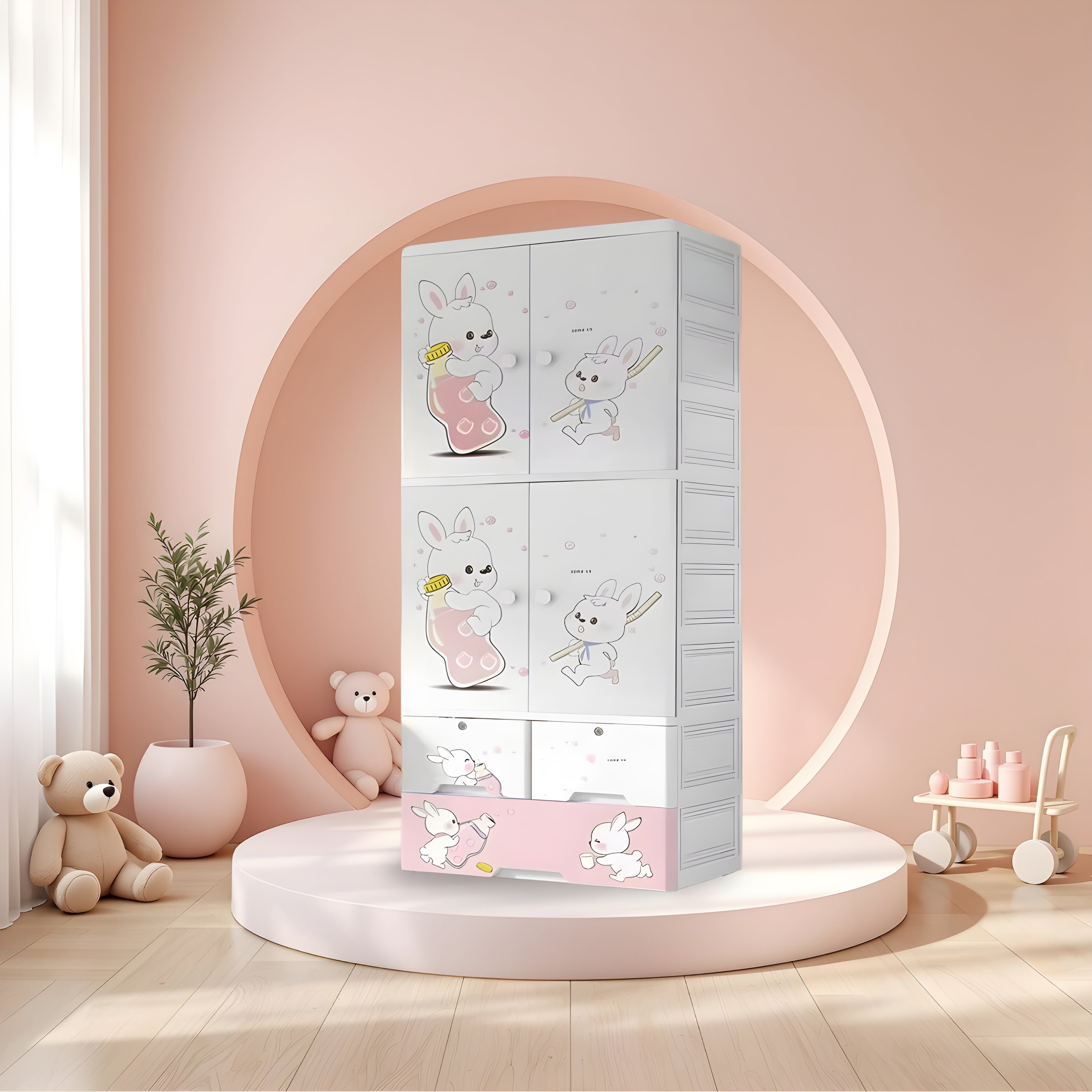 Space-efficient-plastic-wardrobe-with-multi-tier-shelves-for-kids__rabbit