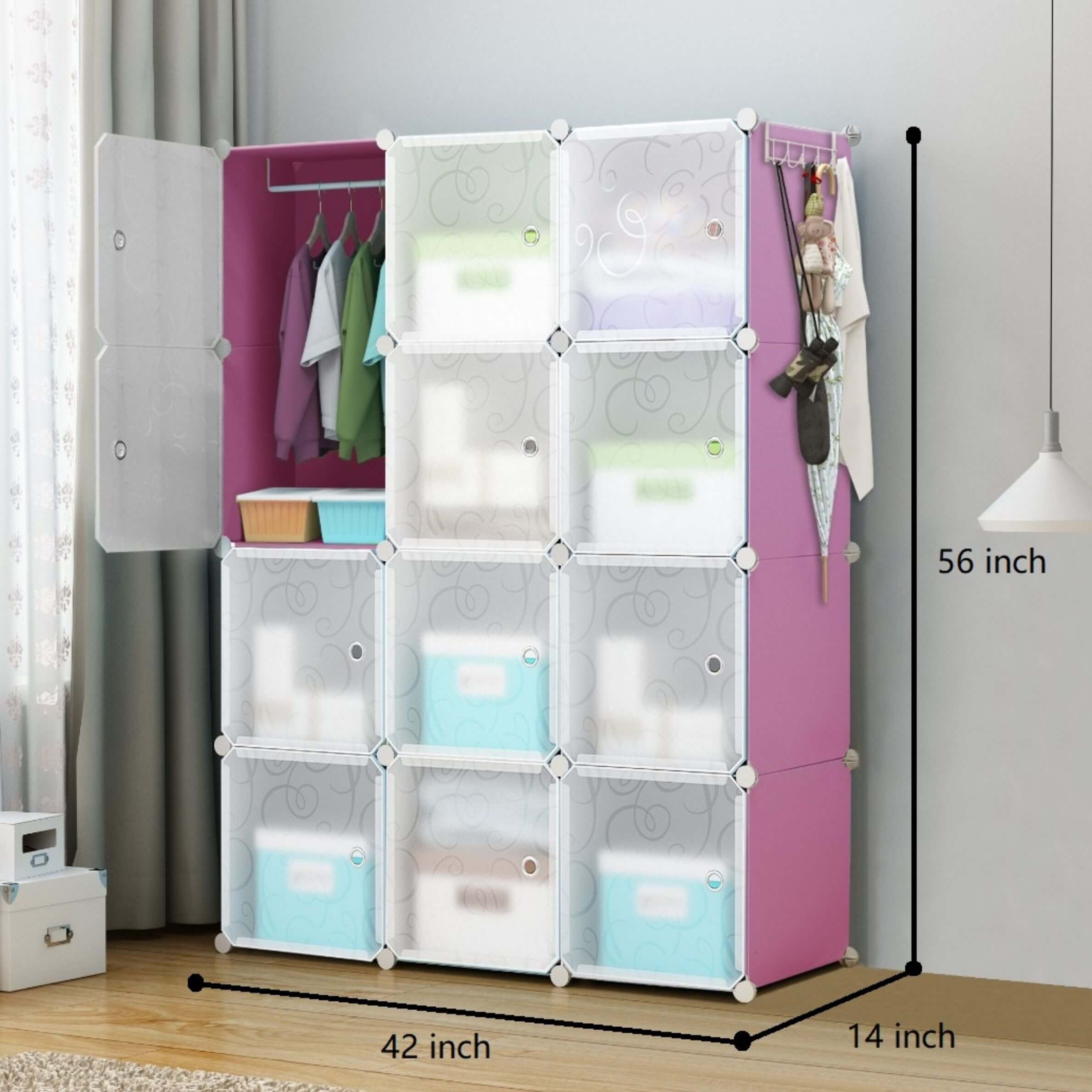 clear_door_PP_wardrobe_with_12_compartments_for_home_use__pink