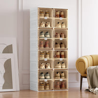 Shoe storage cabinet with multiple shelves filled with shoes in a room setting__8-door